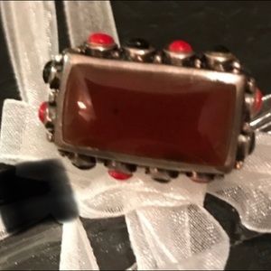 Vintage Black onyx w/ red coral ring w aga…